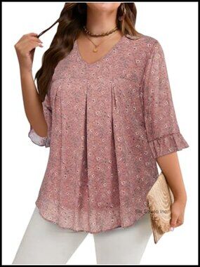 Plus Size Chiffon Blouse Ruffle 3/4 Sleeve V-Neck Tunic Top Casual
